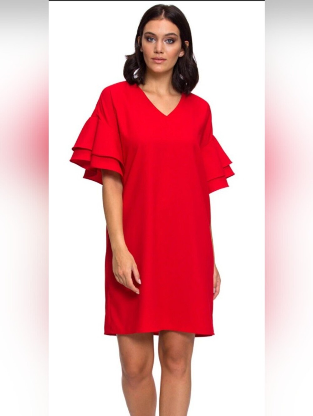 Zara Bold Red V-Neck Two Tiered Ruffled Short Sleeve Shift Dress. NWOT. Size L
